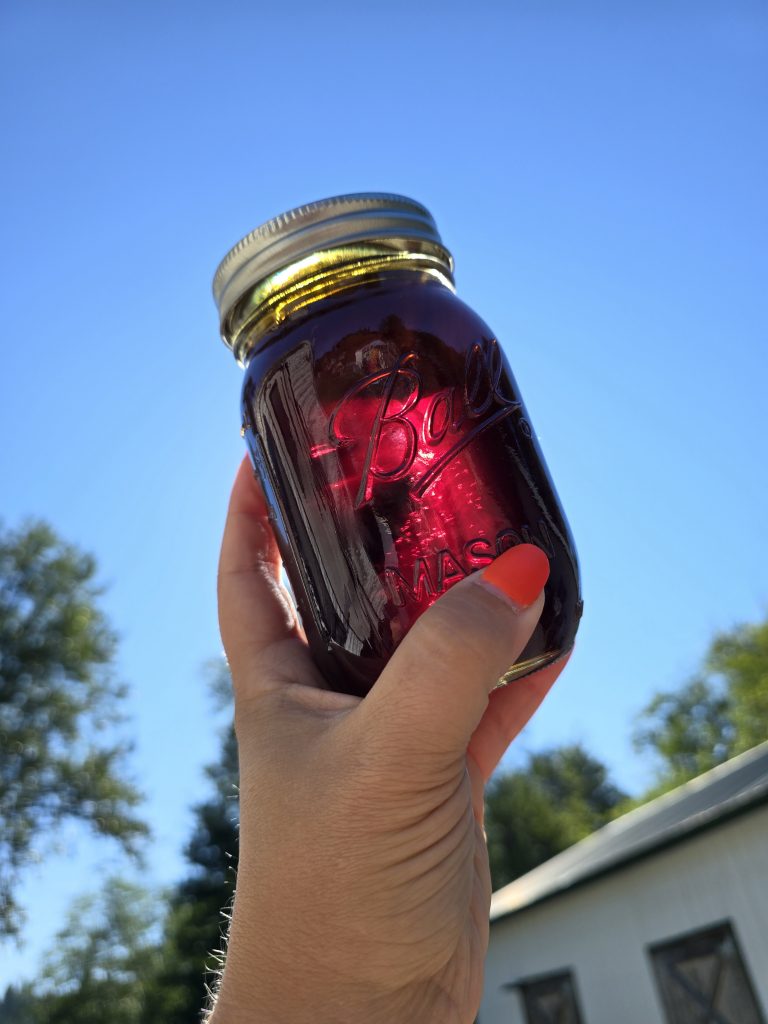 Deep red St. John's Wort infused avocado oil in a mason jar.